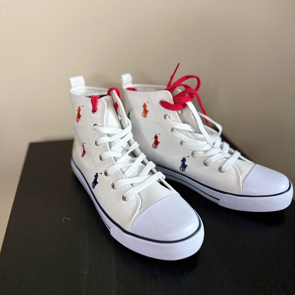 Polo Ralph Lauren Pony Print High Top Sneakers White NWT Womens 8.5 Kids 7 - Picture 5 of 11